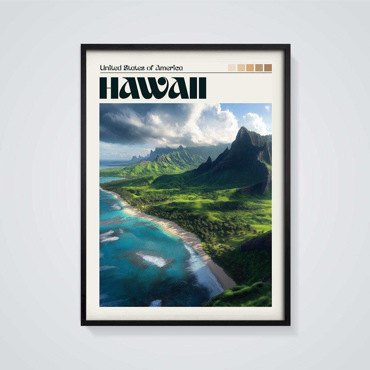 Hawaii Coastal Landscape Print framed in black on a grey background
