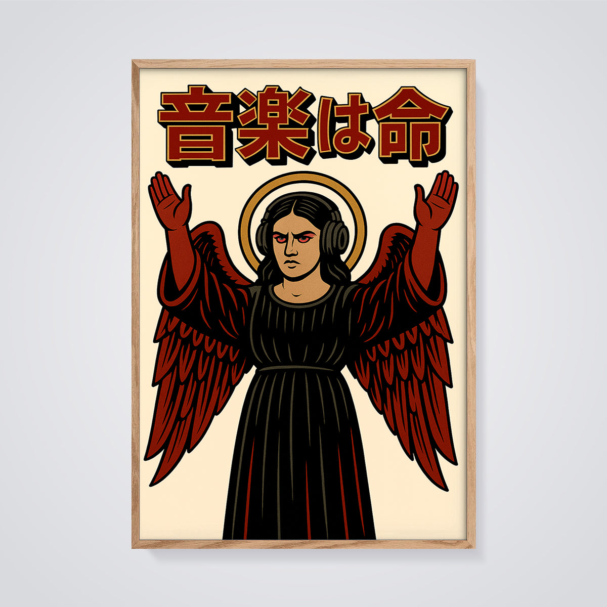 Headphone Angel Print framed in oak on a grey background
