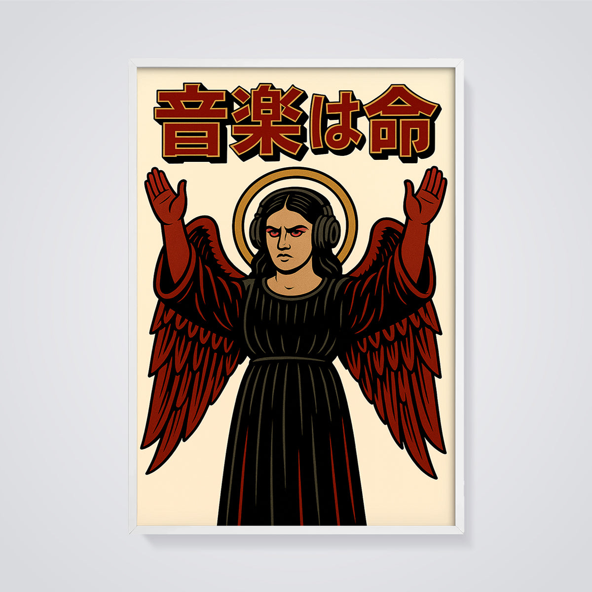 Headphone Angel Print framed in white on a grey background