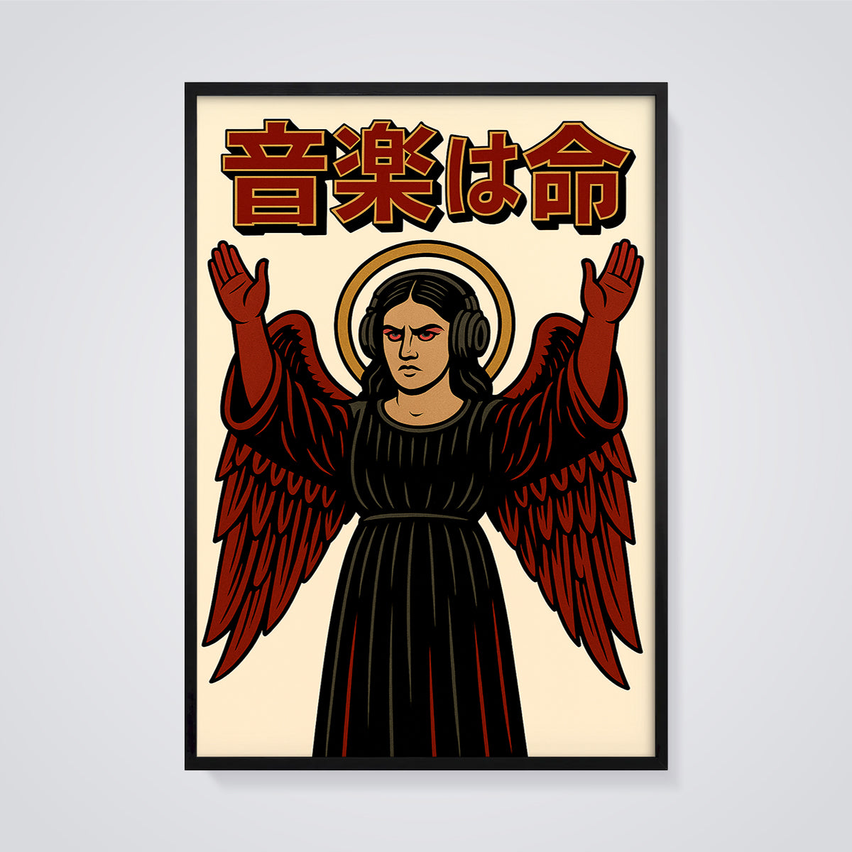 Headphone Angel Print framed in black on a grey background
