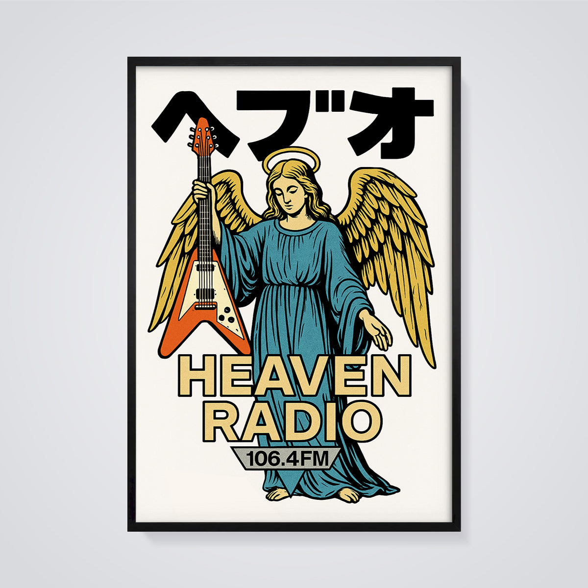 Heaven Radio Angel Guitar Print framed in black on a grey background