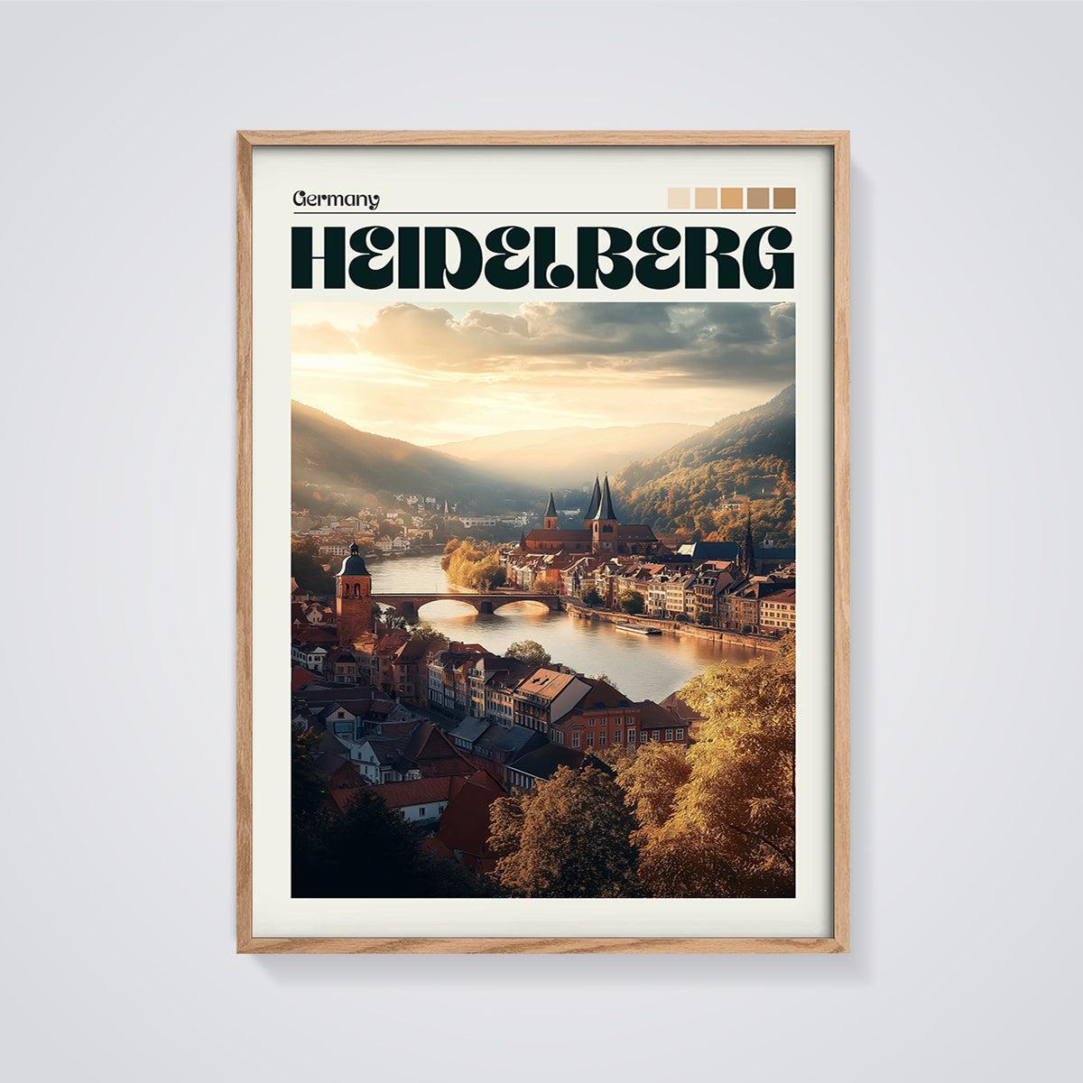 Heidelberg Germany Sunset Cityscape Print framed in oak on a grey background