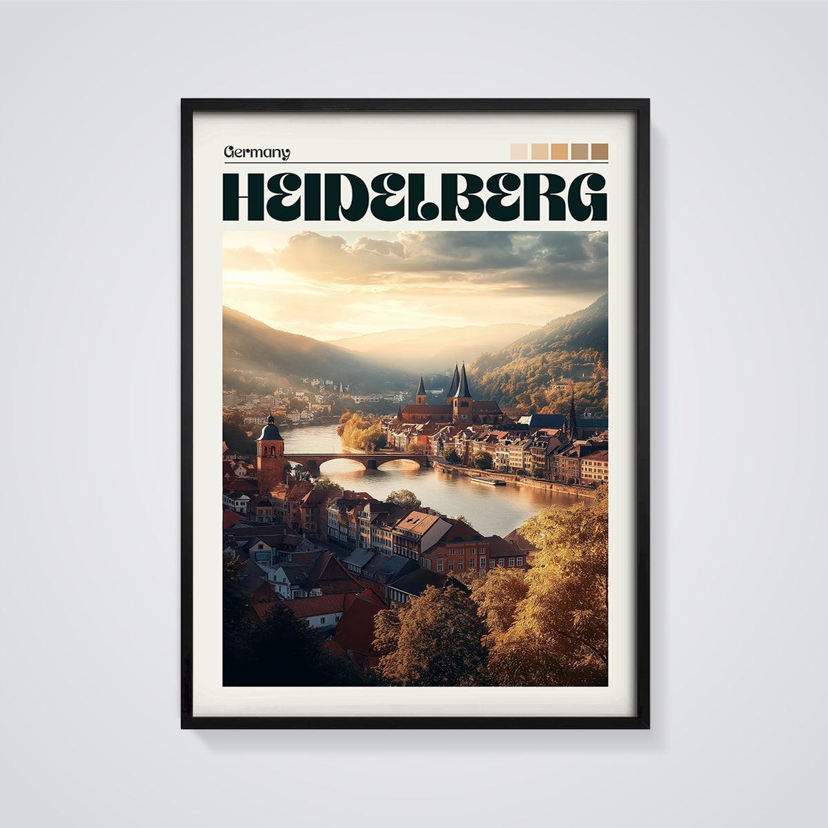 Heidelberg Germany Sunset Cityscape Print framed in black on a grey background