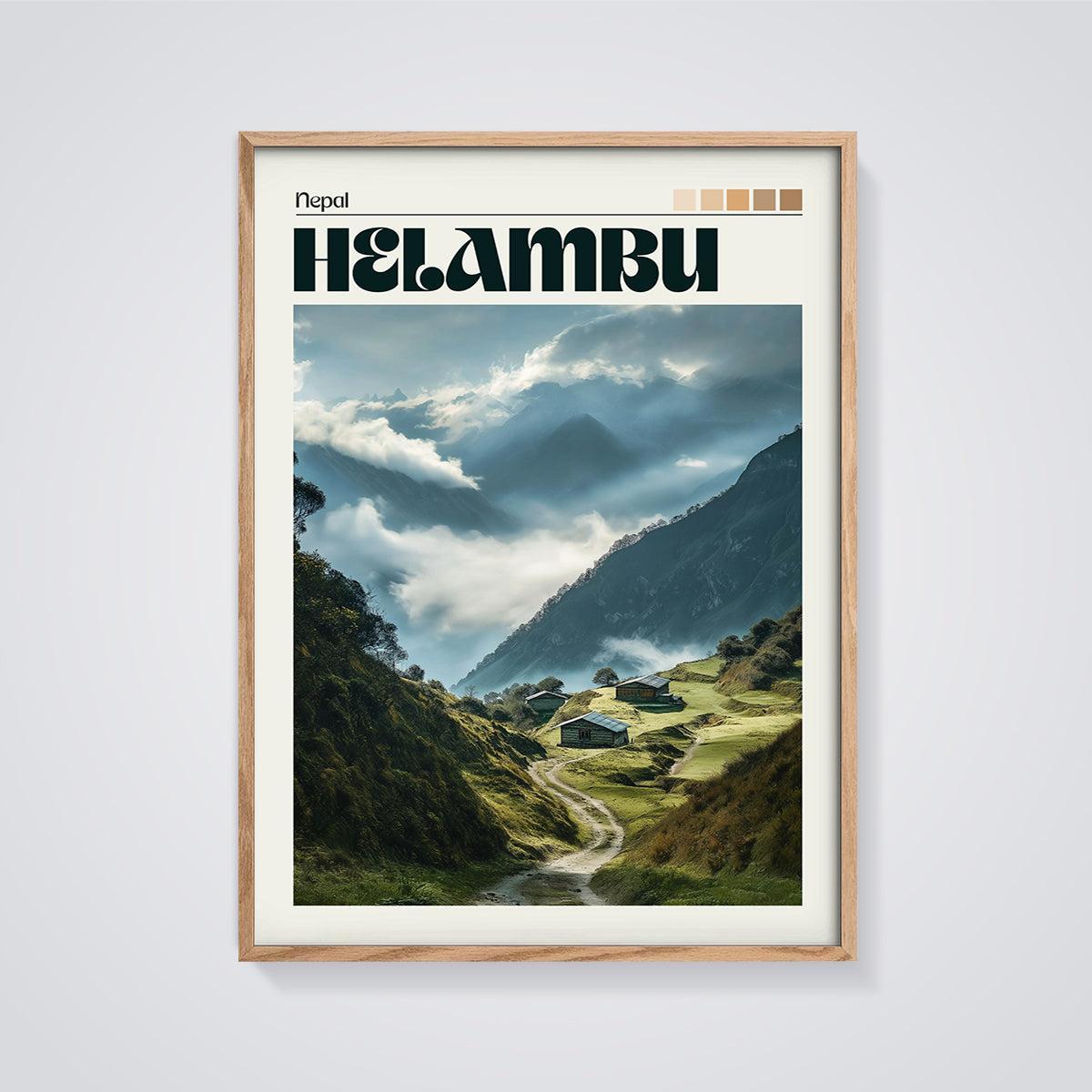 Helambu Nepal Mountain Print framed in oak on a grey background