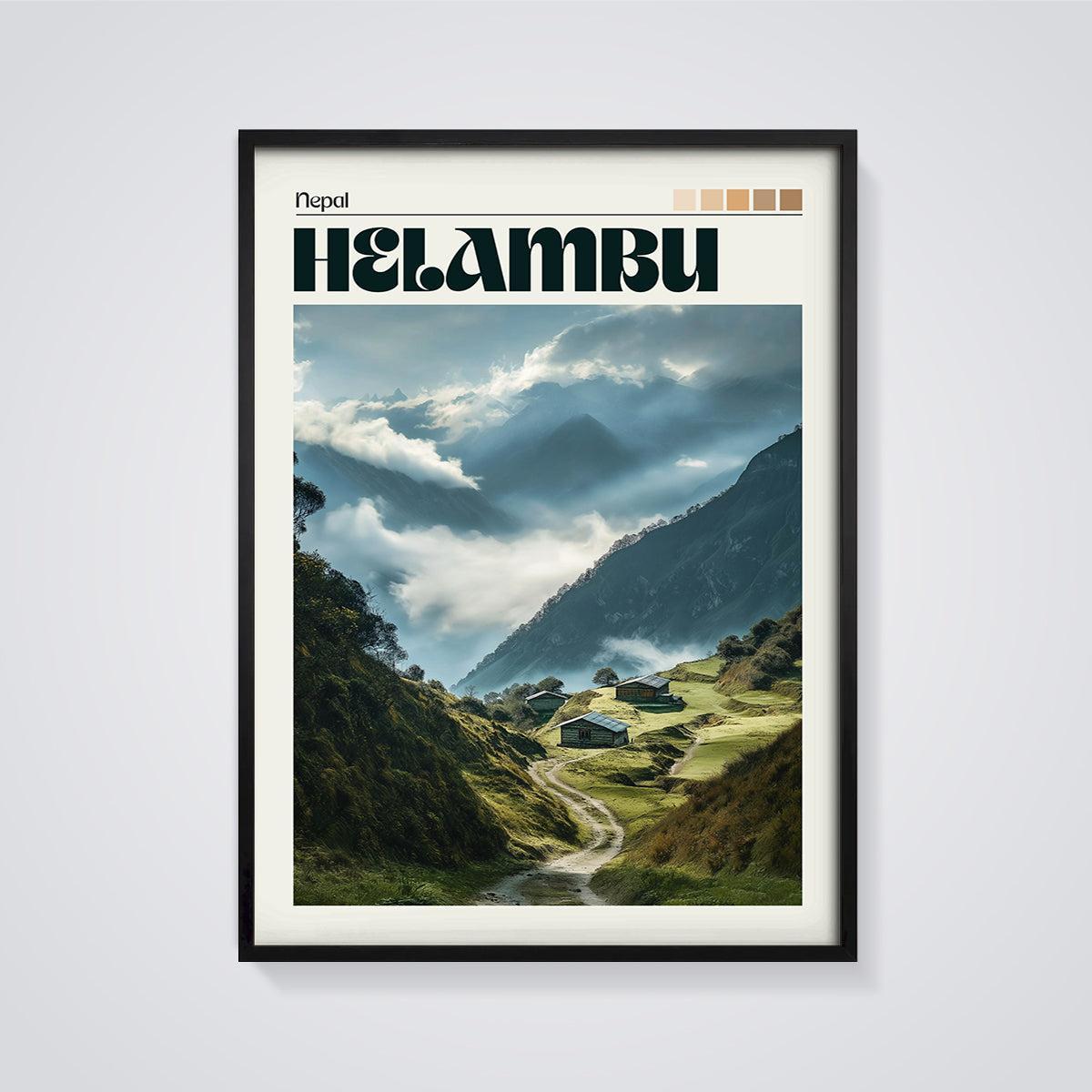 Helambu Nepal Mountain Print framed in black on a grey background