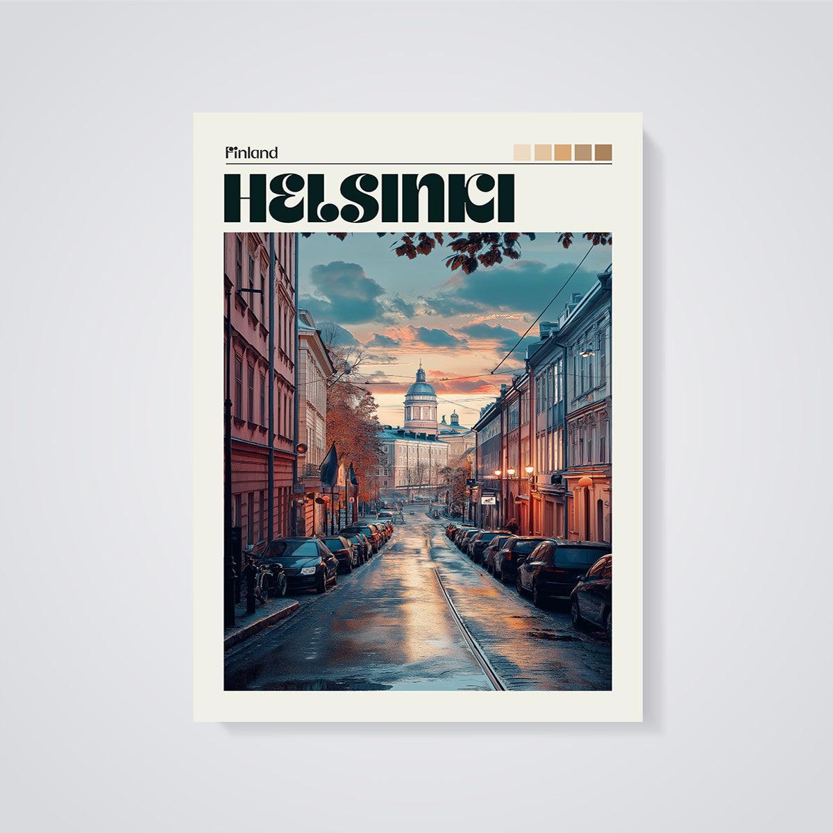 Helsinki Evening Street Print unframed on a grey background