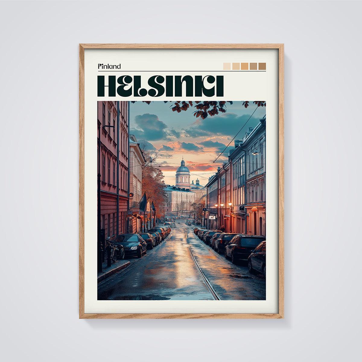Helsinki Evening Street Print framed in oak on a grey background