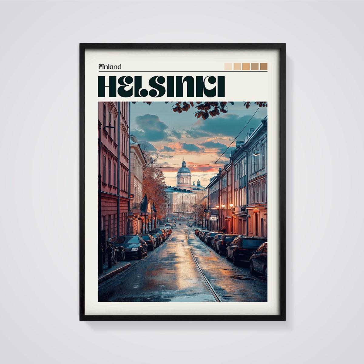 Helsinki Evening Street Print framed in black on a grey background