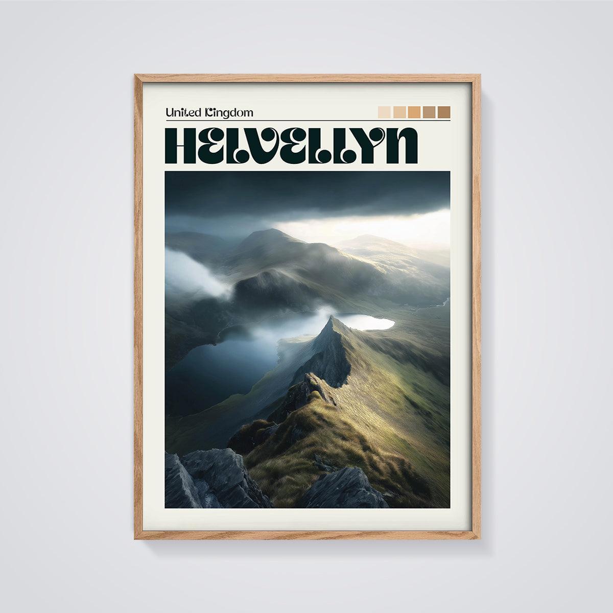 Helvellyn Mountain Landscape Print framed in oak on a grey background