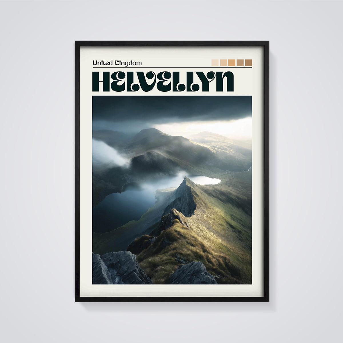Helvellyn Mountain Landscape Print framed in black on a grey background