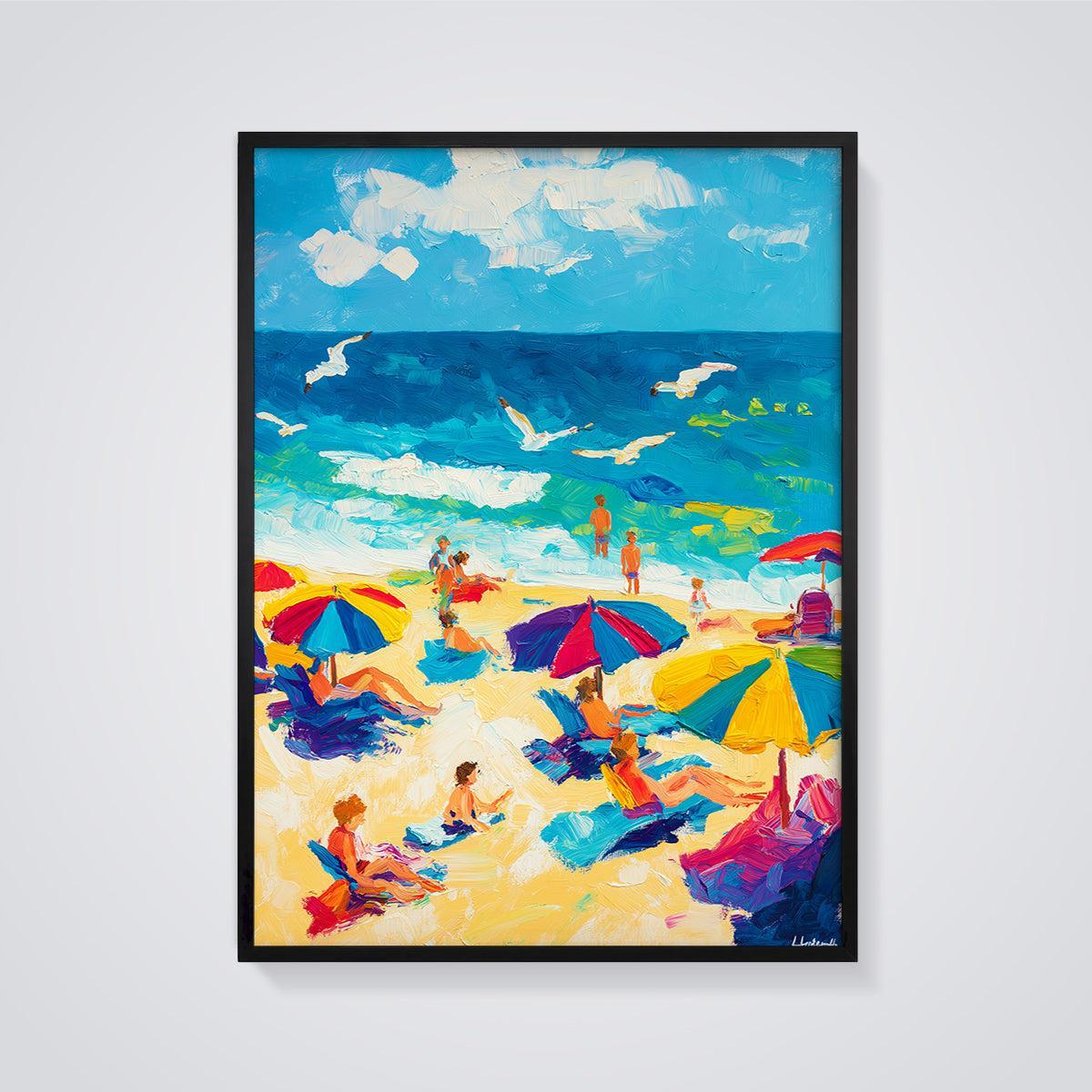 Hendershott Impasto Beach Print framed in black on a grey background