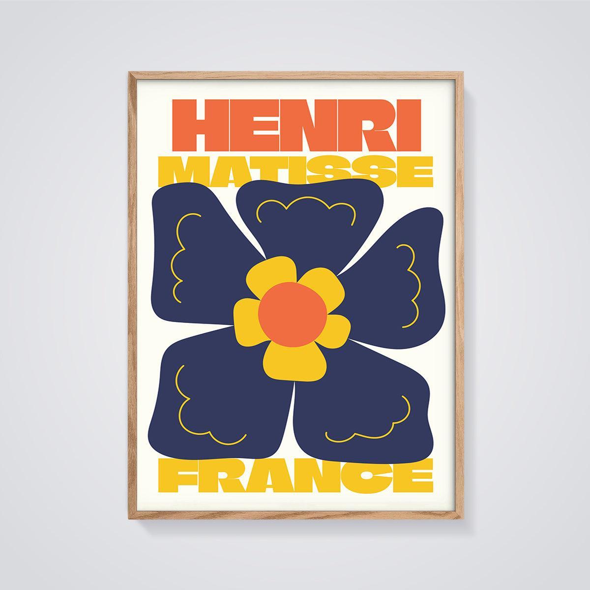 Henri Matisse Blue Flower Print framed in oak on a grey background