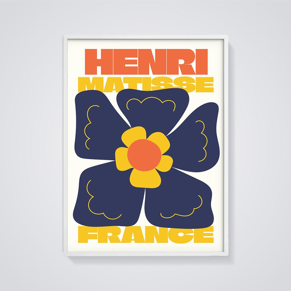 Henri Matisse Blue Flower Print framed in white on a grey background