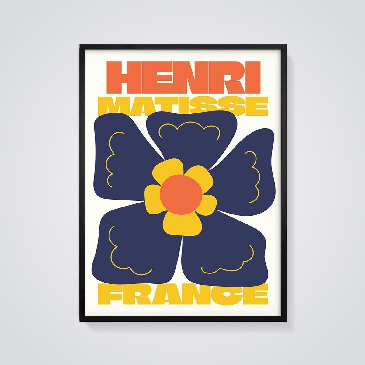 Henri Matisse Blue Flower Print framed in black on a grey background