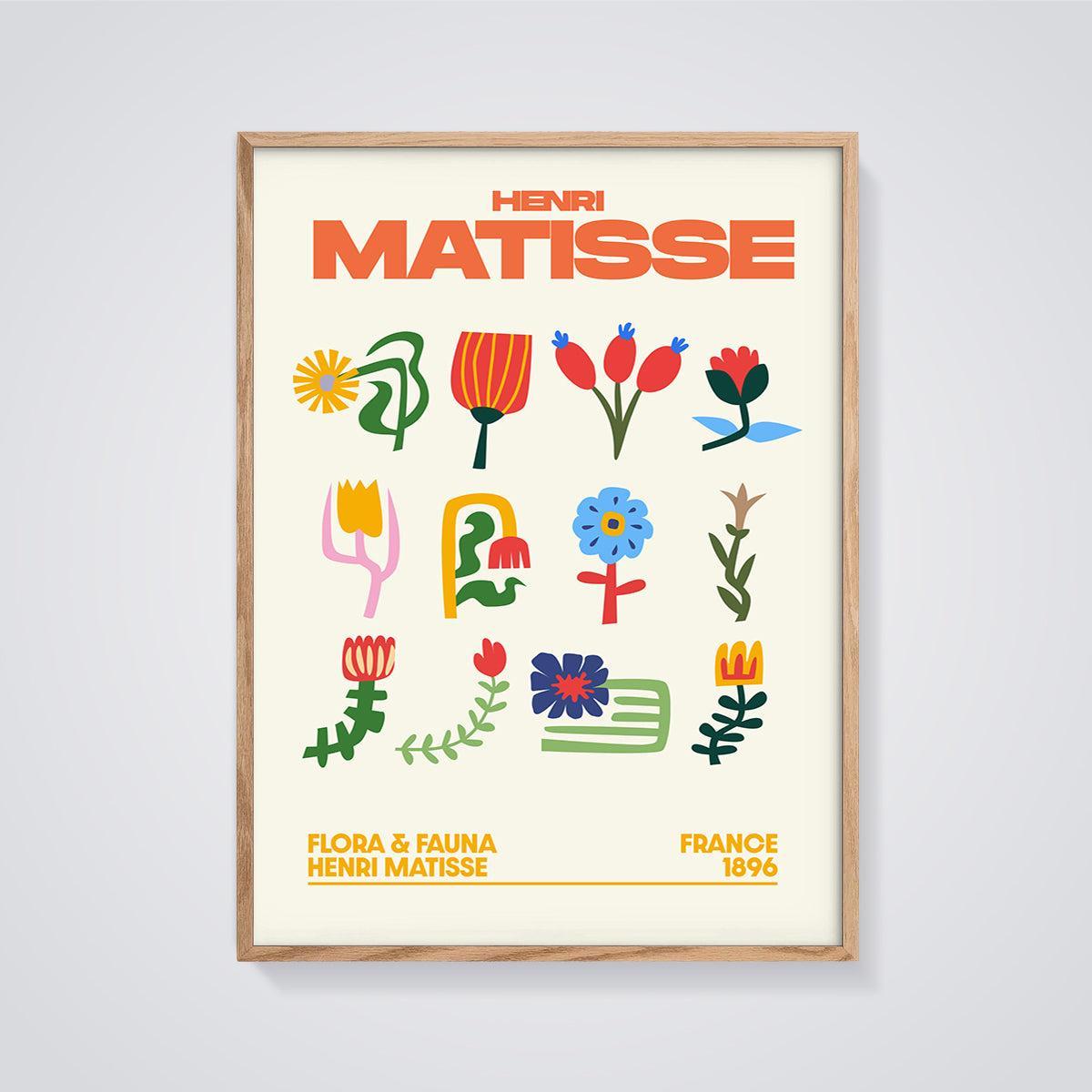 Henri Matisse Flora & Fauna Print framed in oak on a grey background