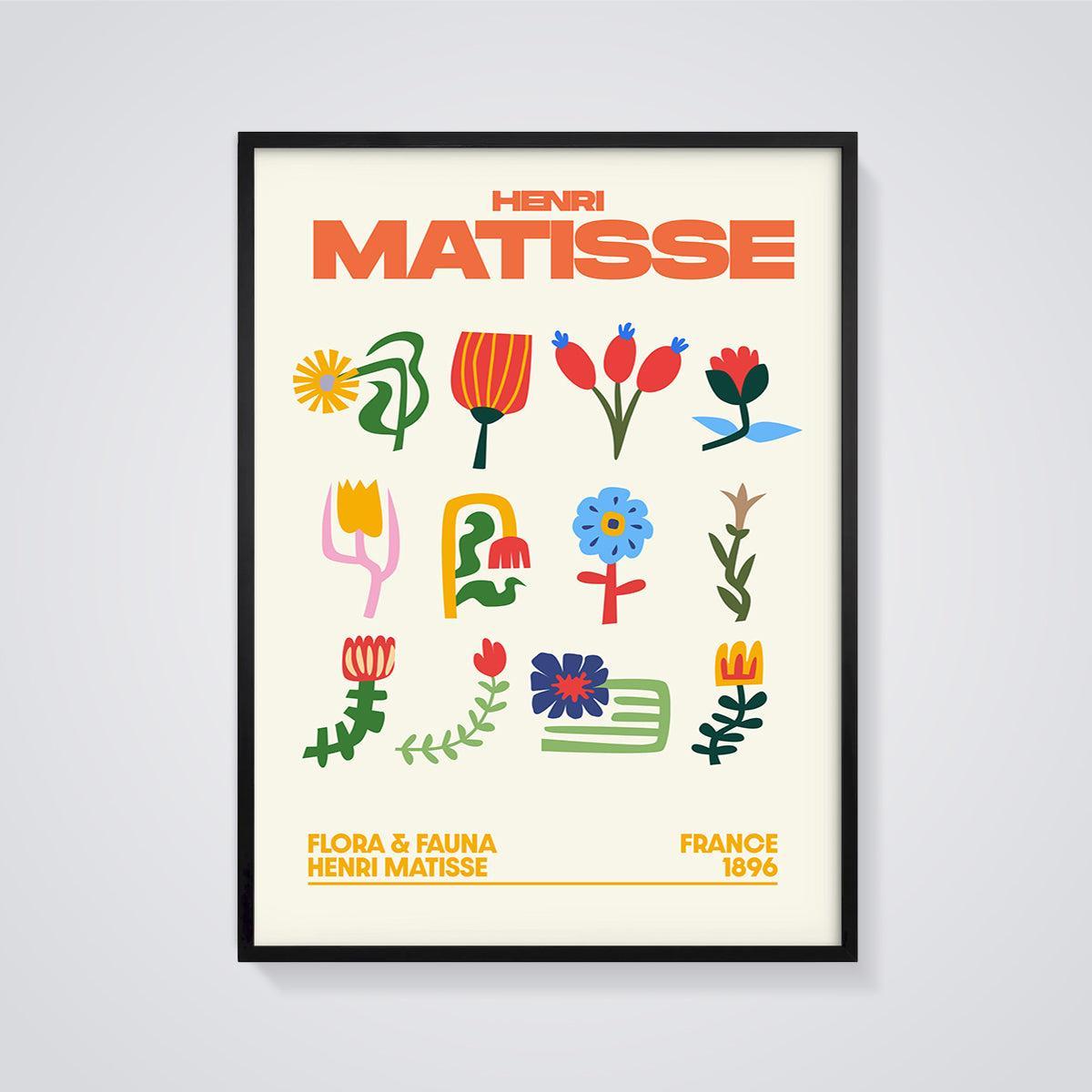 Henri Matisse Flora & Fauna Print framed in black on a grey background