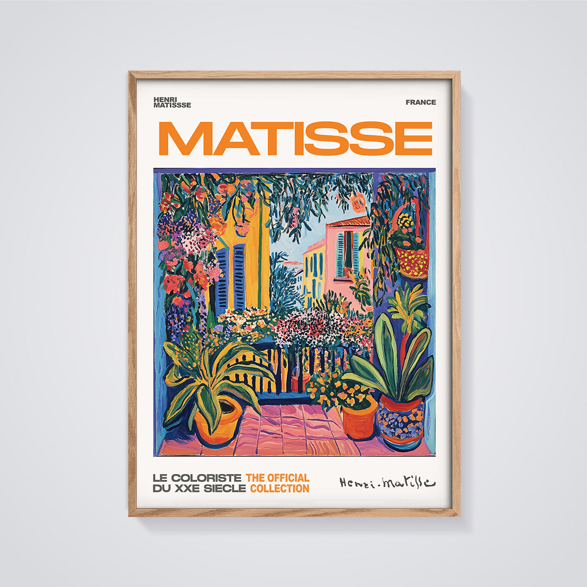 Henri Matisse French Balcony Flowers Print framed in oak on a grey background