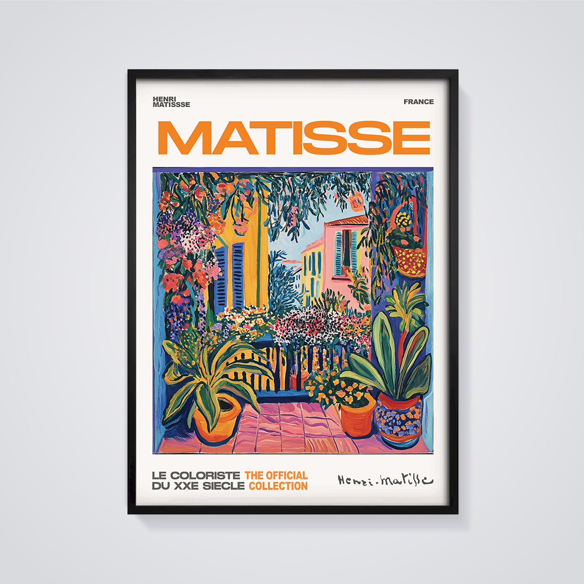 Henri Matisse French Balcony Flowers Print framed in black on a grey background