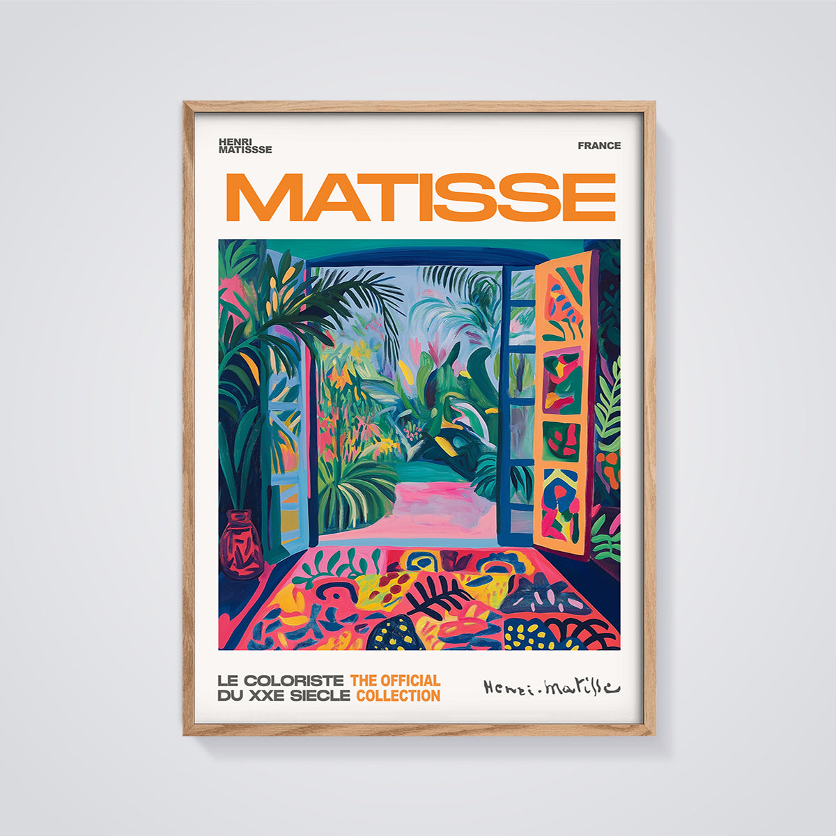Henri Matisse Open Window Garden Print framed in oak on a grey background
