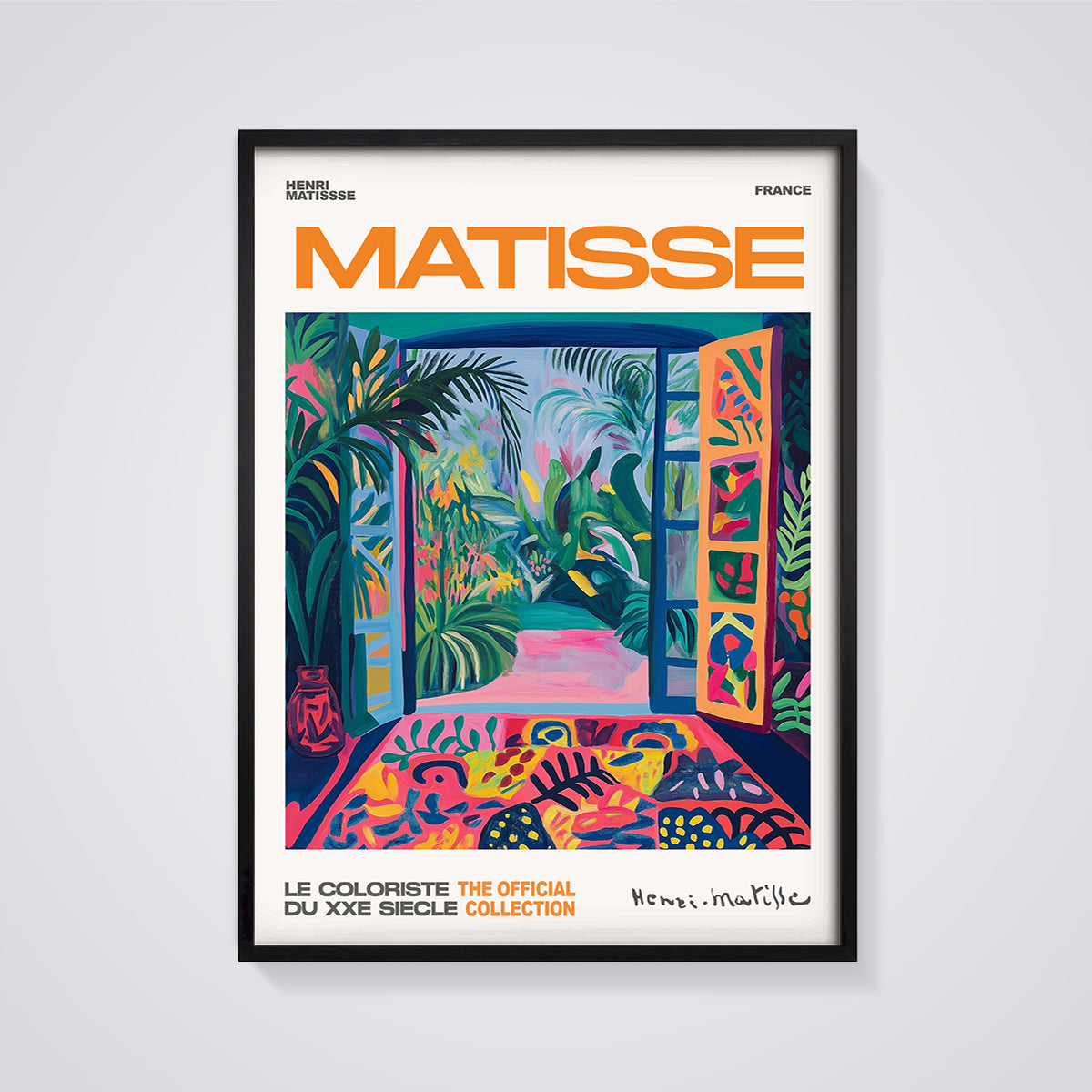Henri Matisse Open Window Garden Print framed in black on a grey background