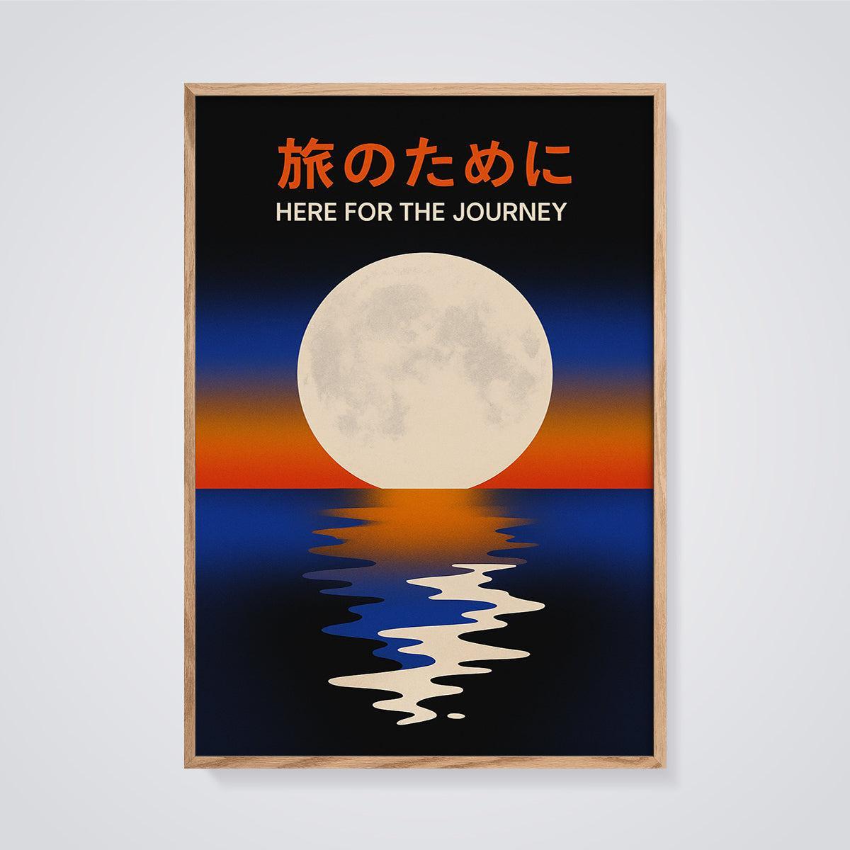Here for the Journey Moon Reflection Print framed in oak on a grey background