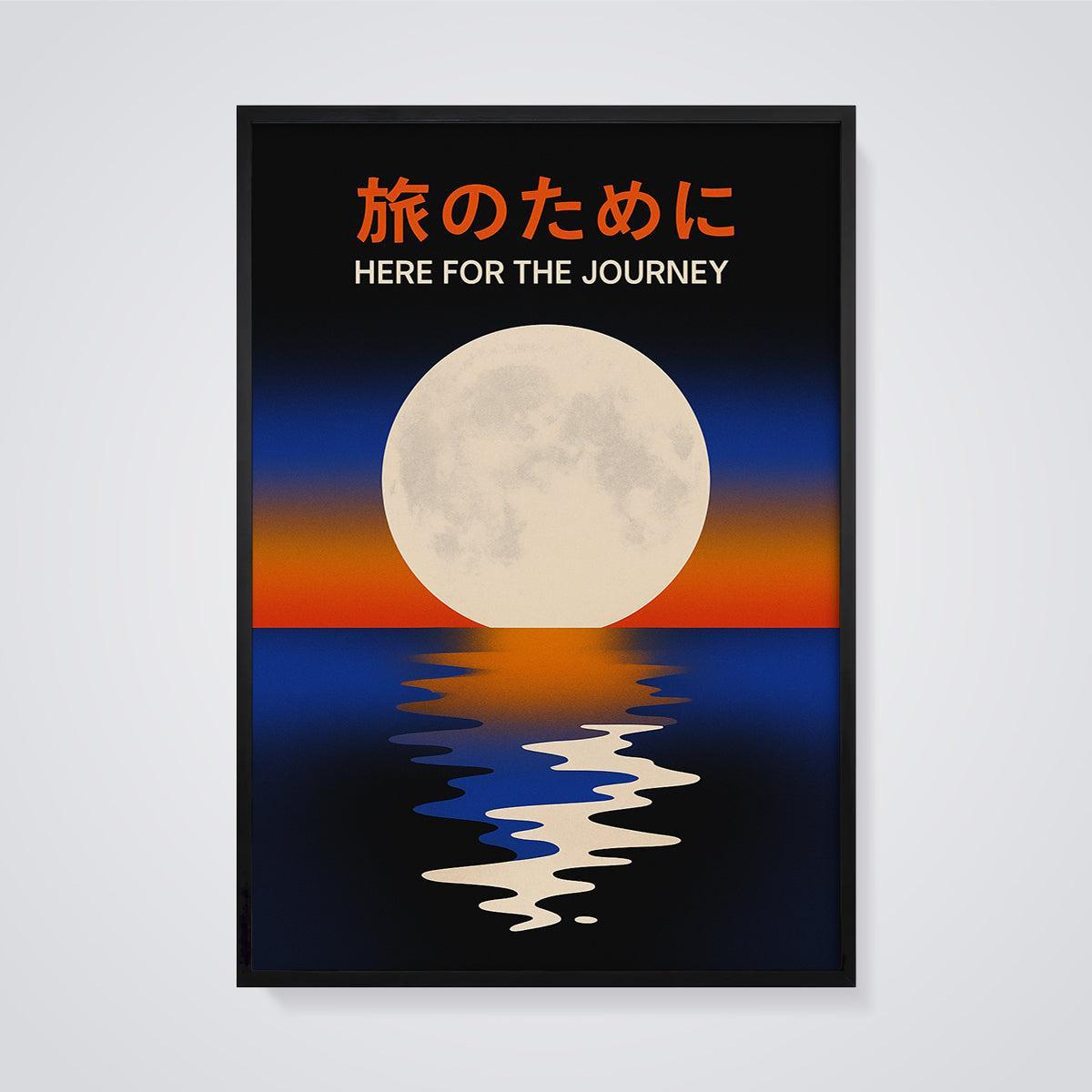 Here for the Journey Moon Reflection Print framed in black on a grey background