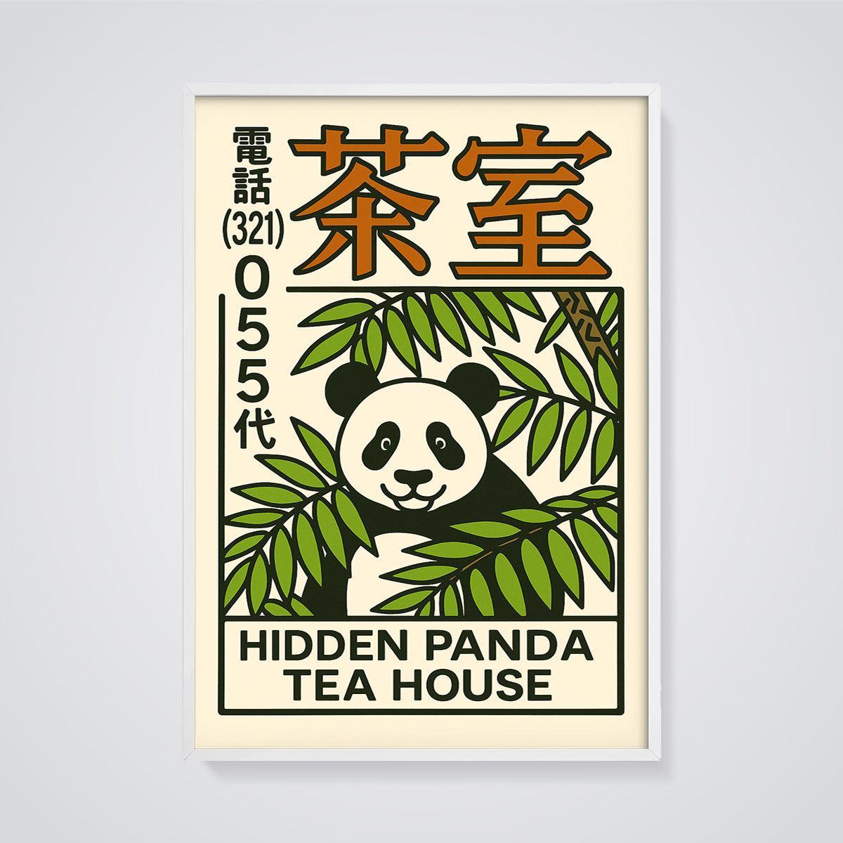 Hidden Panda Tea House Print framed in white on a grey background