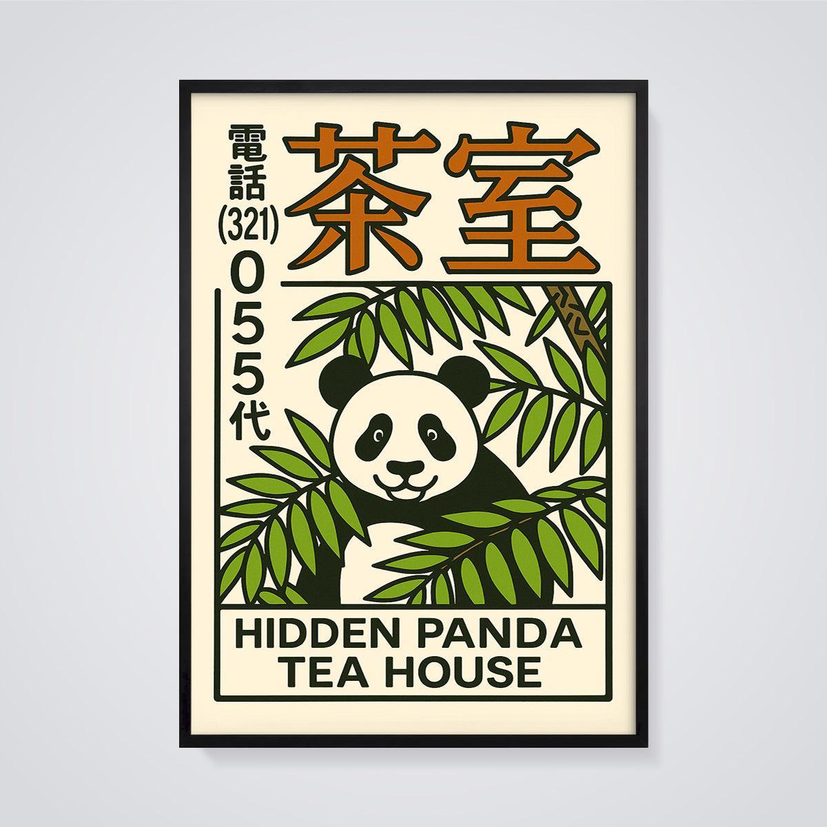 Hidden Panda Tea House Print framed in black on a grey background