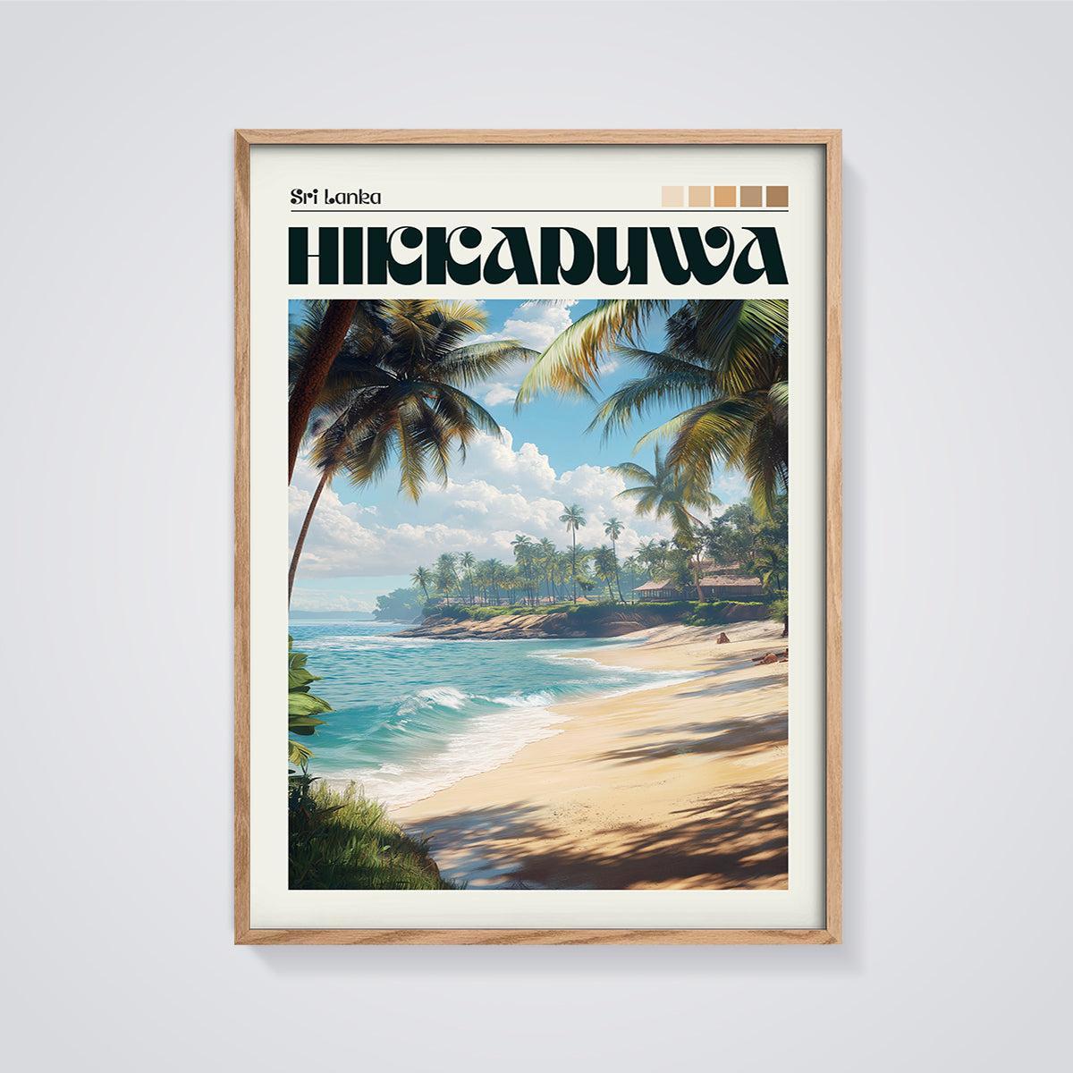 Hikkaduwa Sri Lanka Beach Print framed in oak on a grey background