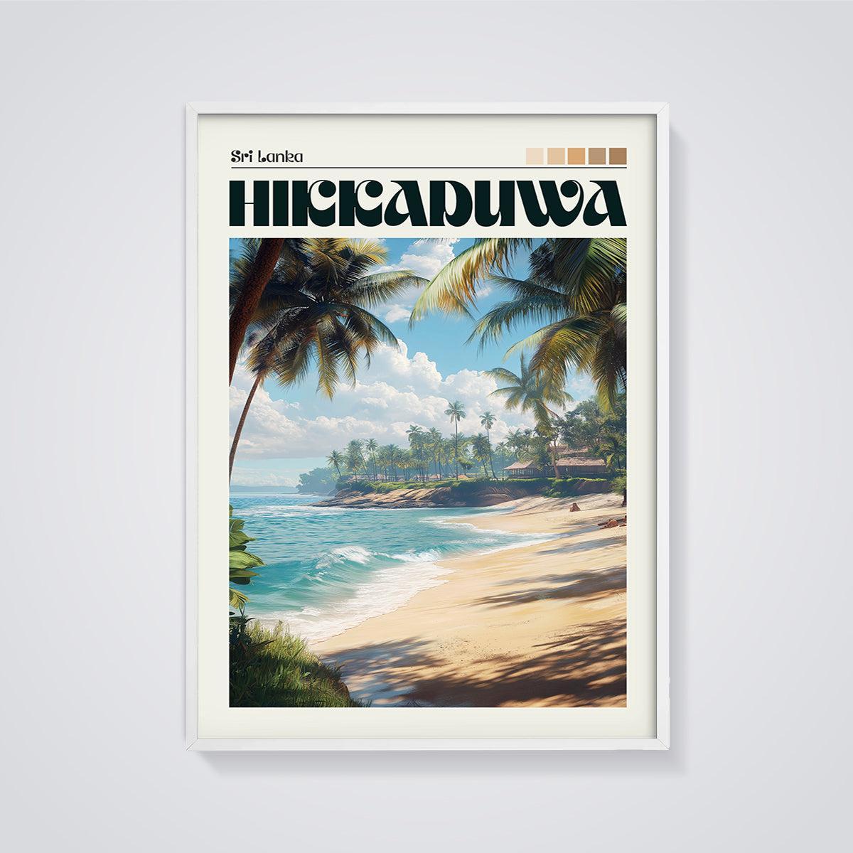 Hikkaduwa Sri Lanka Beach Print framed in white on a grey background
