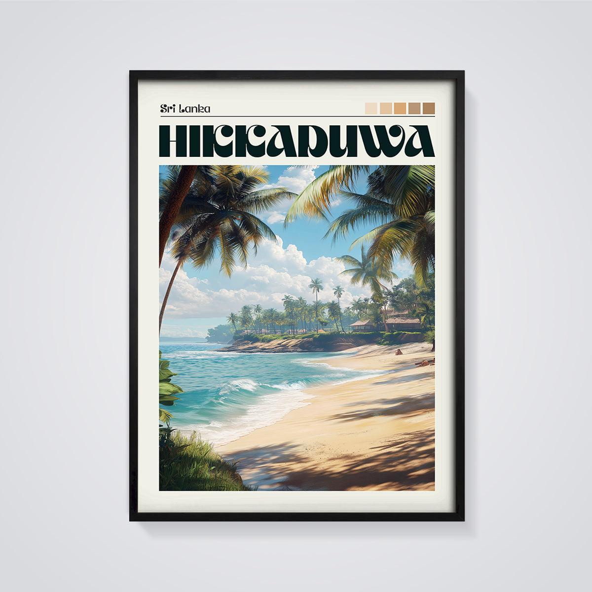 Hikkaduwa Sri Lanka Beach Print framed in black on a grey background