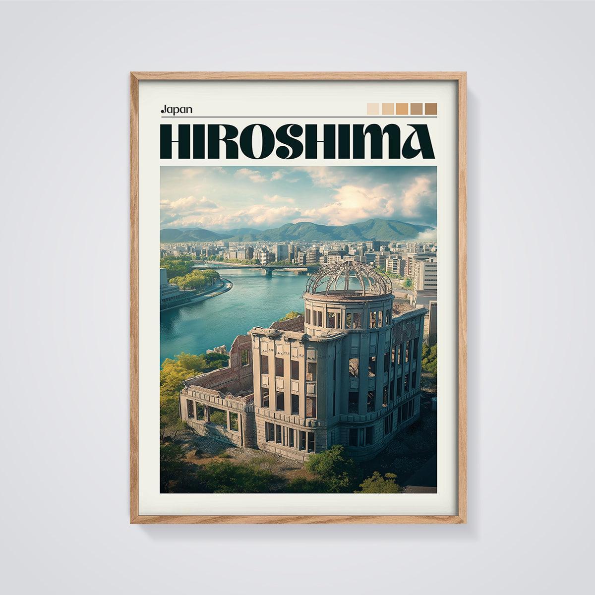 Hiroshima Peace Memorial Print framed in oak on a grey background