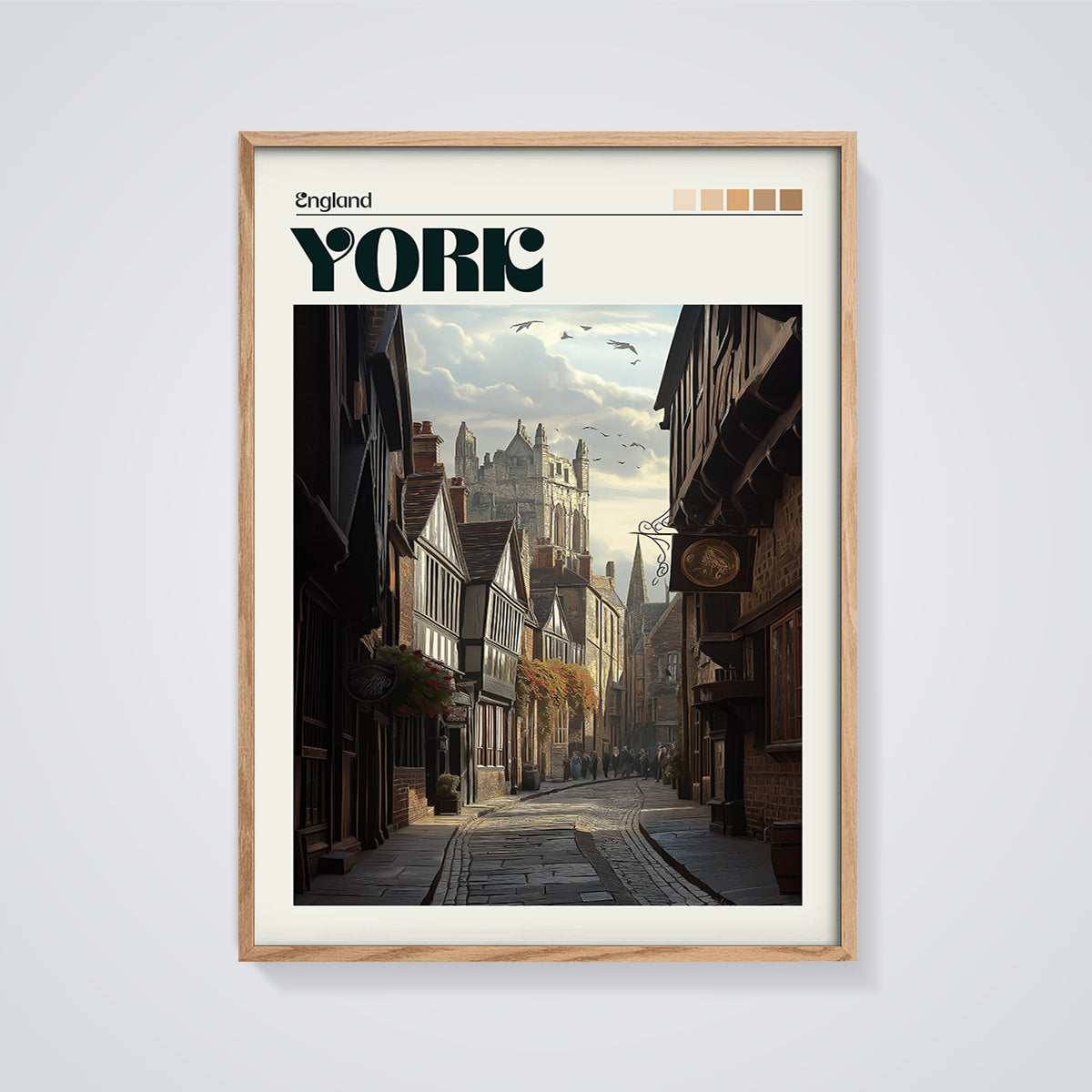 Historic York Shambles Street Print framed in oak on a grey background