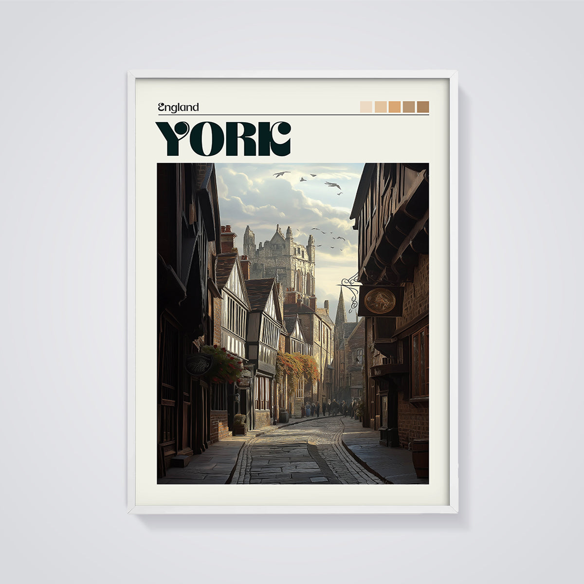 Historic York Shambles Street Print framed in white on a grey background