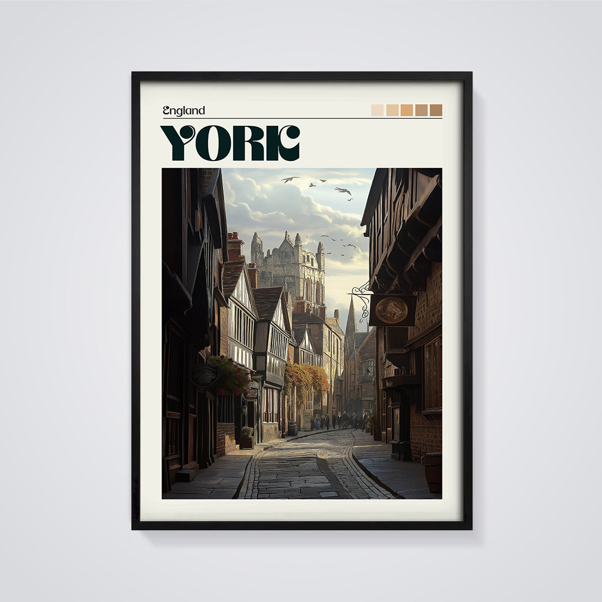 Historic York Shambles Street Print framed in black on a grey background