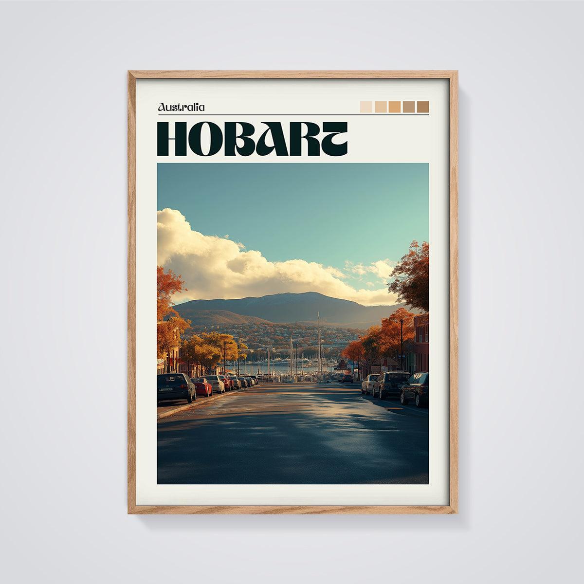 Hobart Australia Autumn Marina Print framed in oak on a grey background