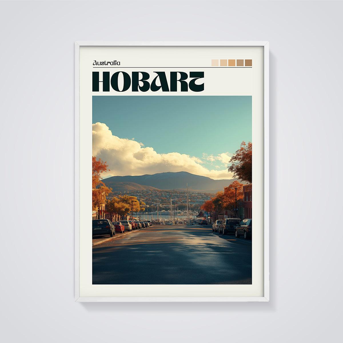 Hobart Australia Autumn Marina Print framed in white on a grey background