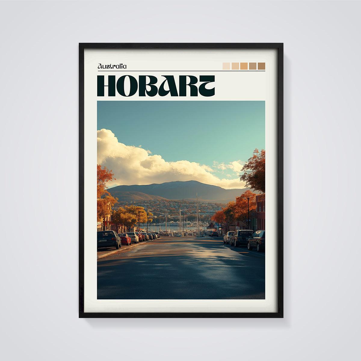 Hobart Australia Autumn Marina Print framed in black on a grey background