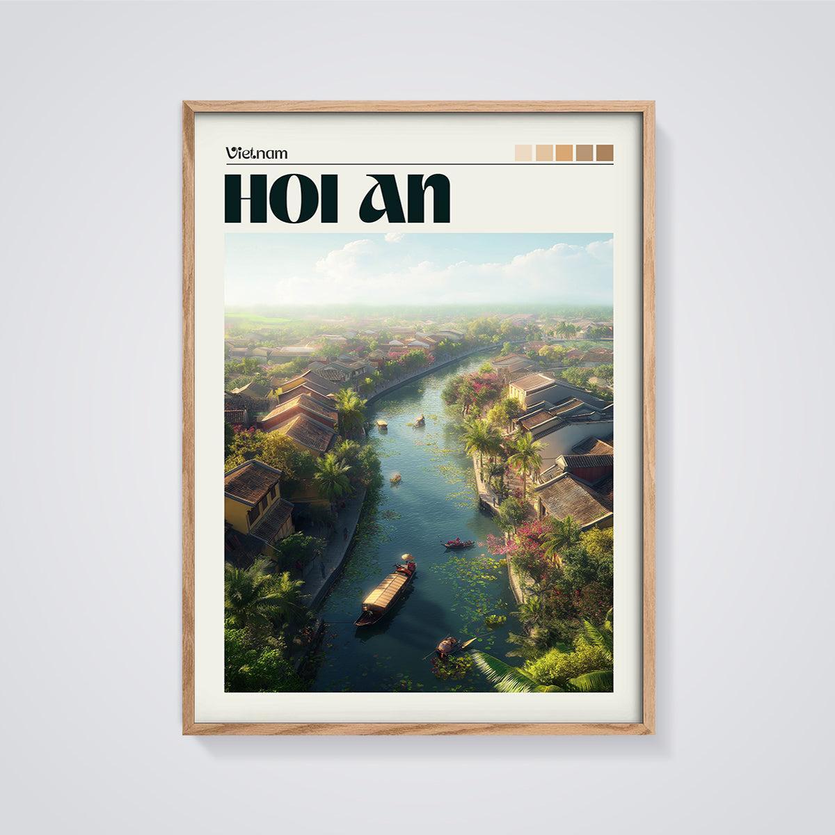 Hoi An Vietnam River Print framed in oak on a grey background