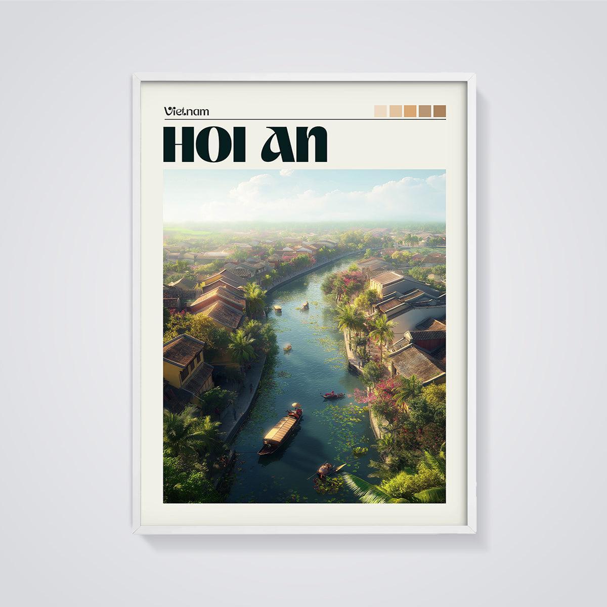 Hoi An Vietnam River Print framed in white on a grey background
