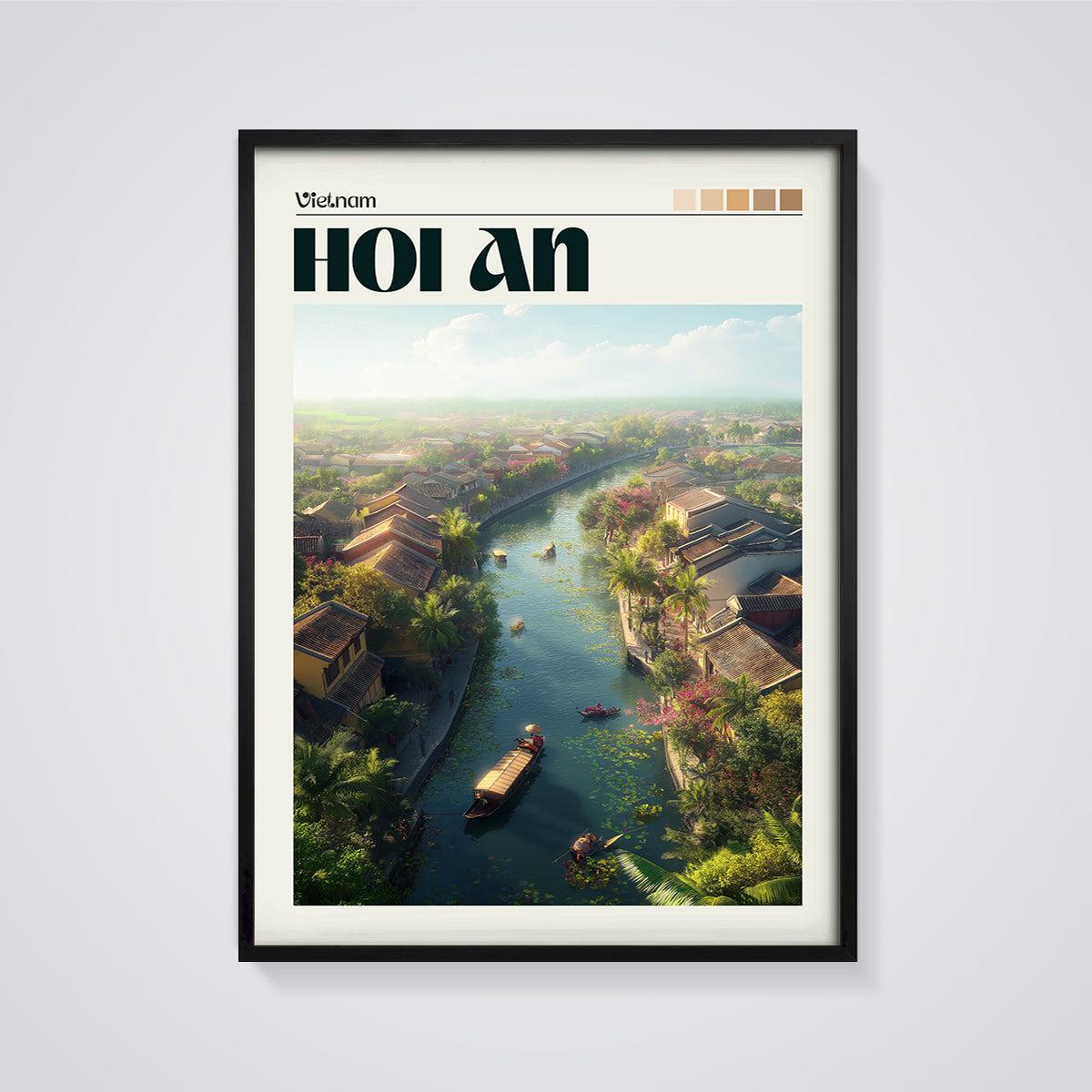 Hoi An Vietnam River Print framed in black on a grey background
