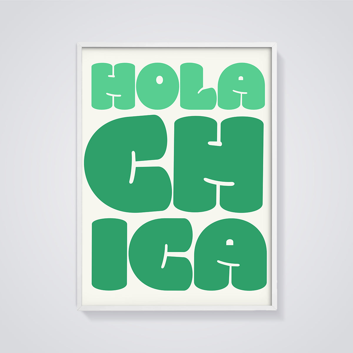 Hola Chica Typography Print framed in white on a grey background