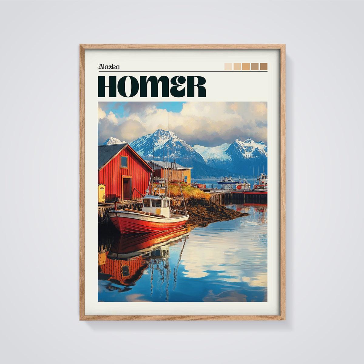 Homer Alaska Harbor Print framed in oak on a grey background