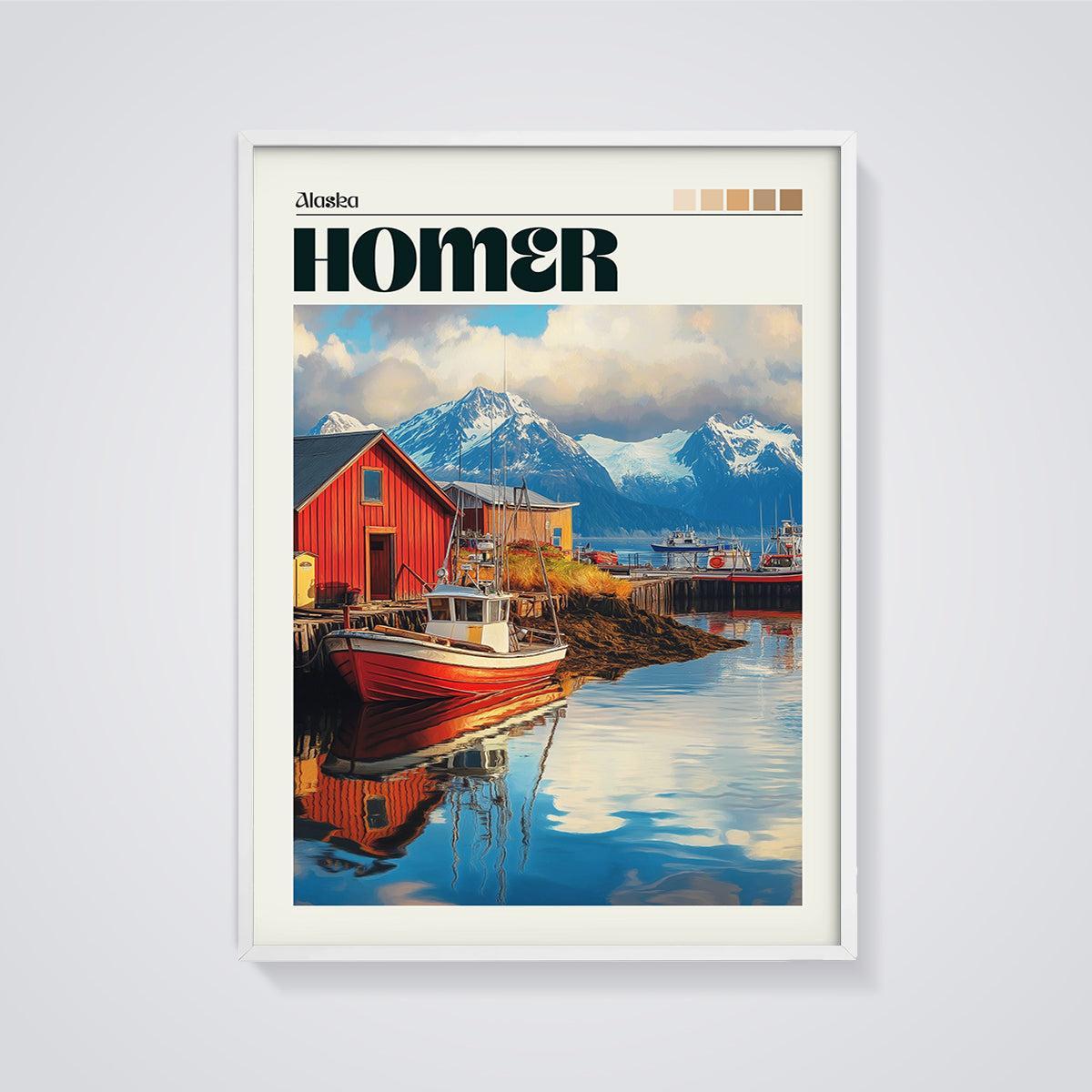 Homer Alaska Harbor Print framed in white on a grey background