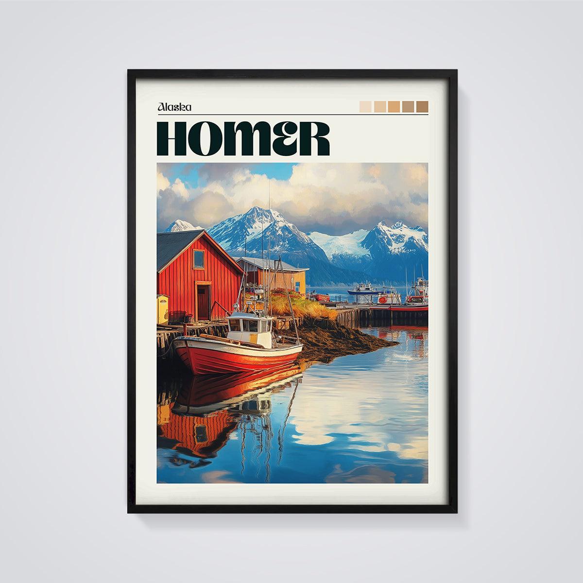 Homer Alaska Harbor Print framed in black on a grey background