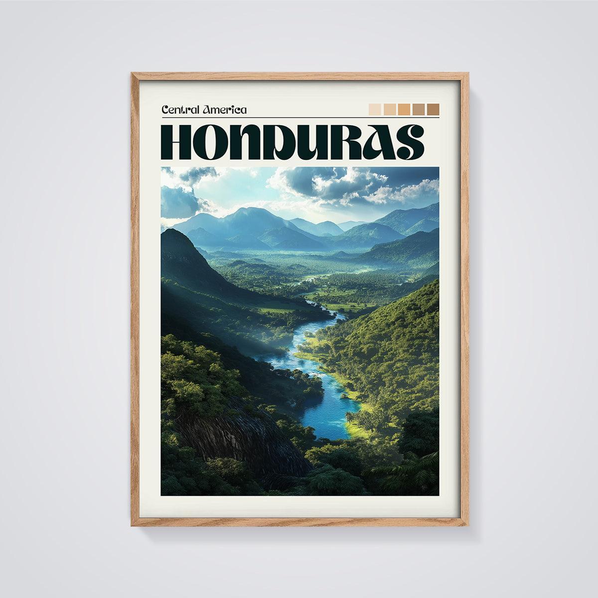Honduras River Valley Landscape Print framed in oak on a grey background