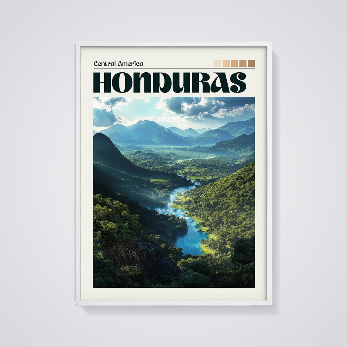 Honduras River Valley Landscape Print framed in white on a grey background