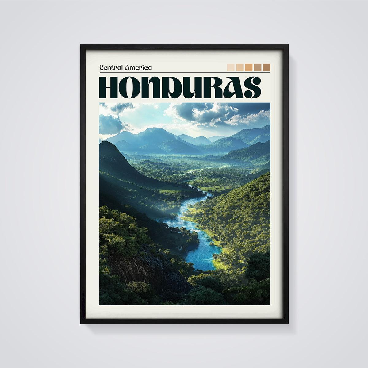 Honduras River Valley Landscape Print framed in black on a grey background