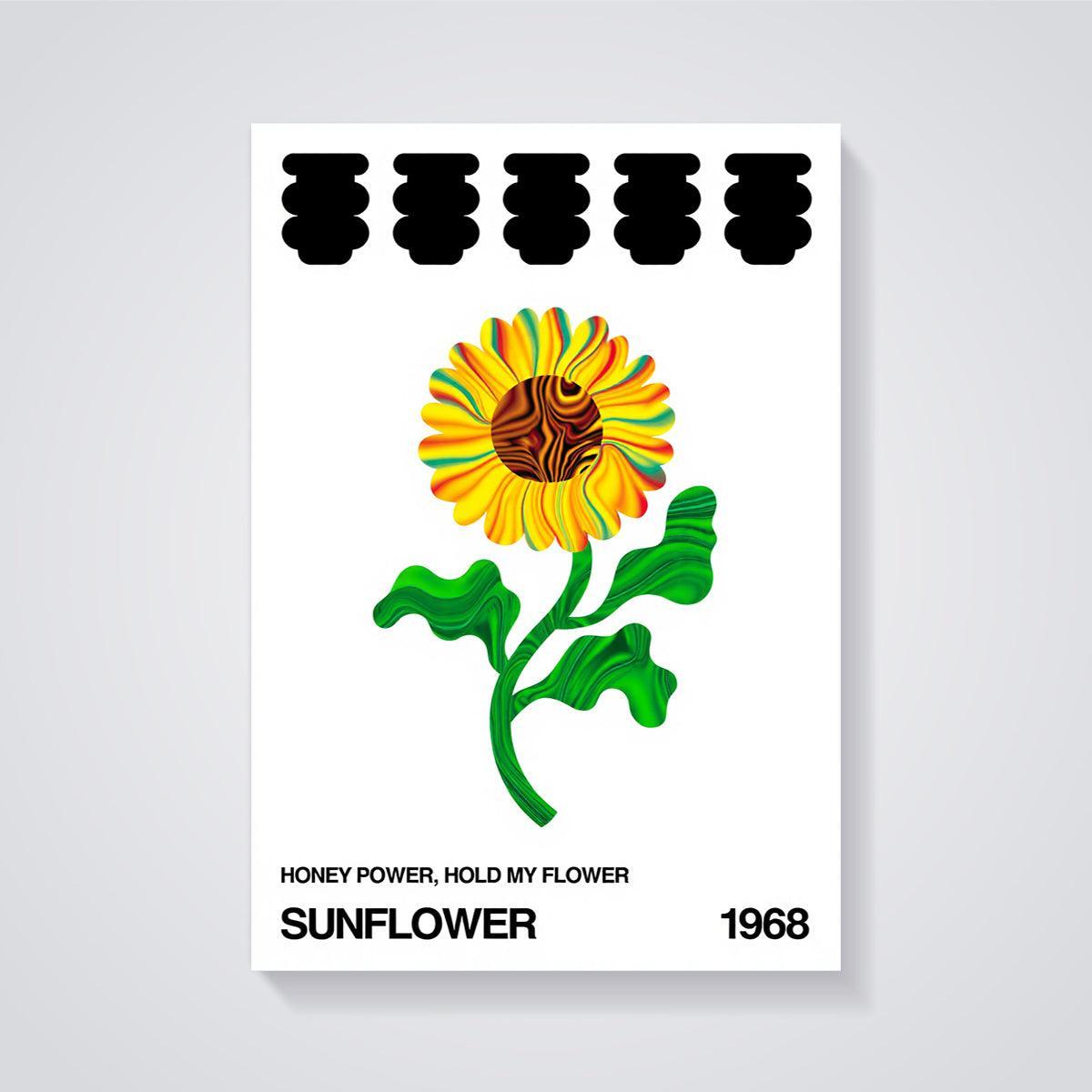 Honey Power Sunflower Print unframed on a grey background