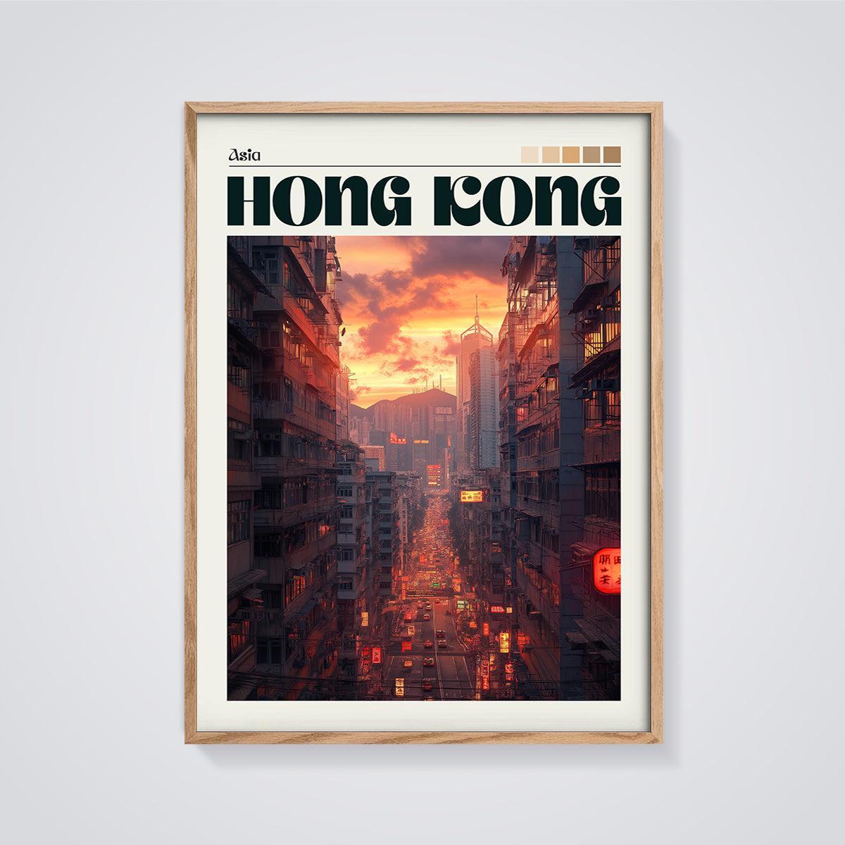Hong Kong Sunset City Print framed in oak on a grey background